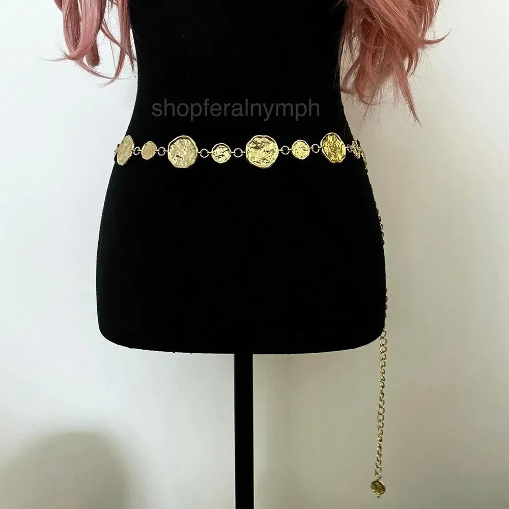 Gold Y2K Hammered Coin Disc Boho Chain Belt, Fits 25-44 Inches, X7GA1272